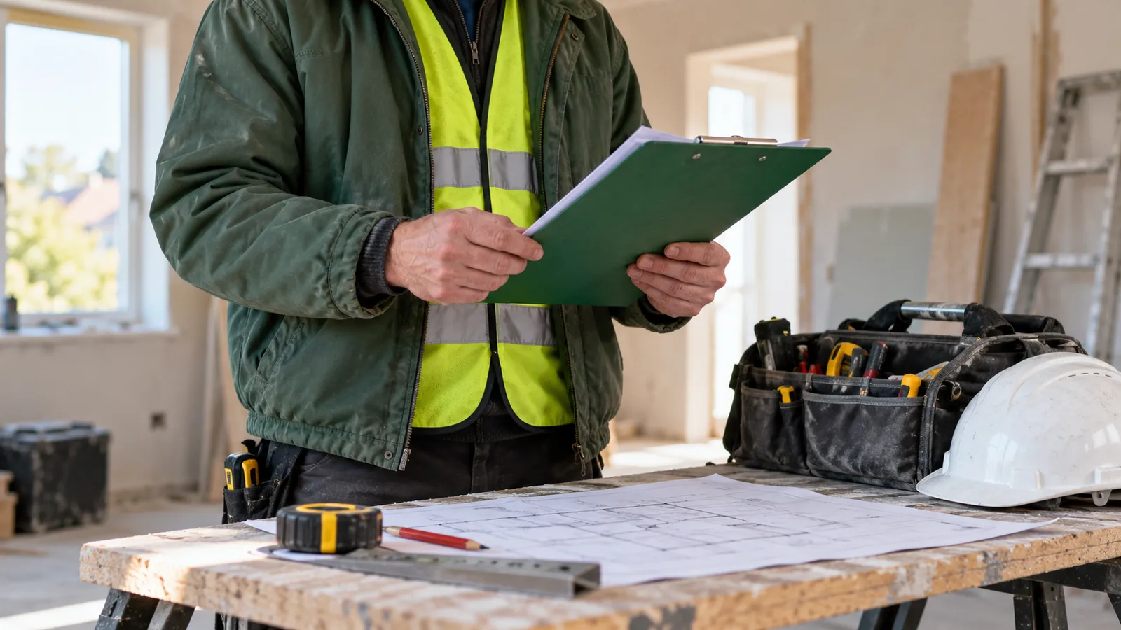 One contractor reviewing a work plan beside their tools in an unfinished room