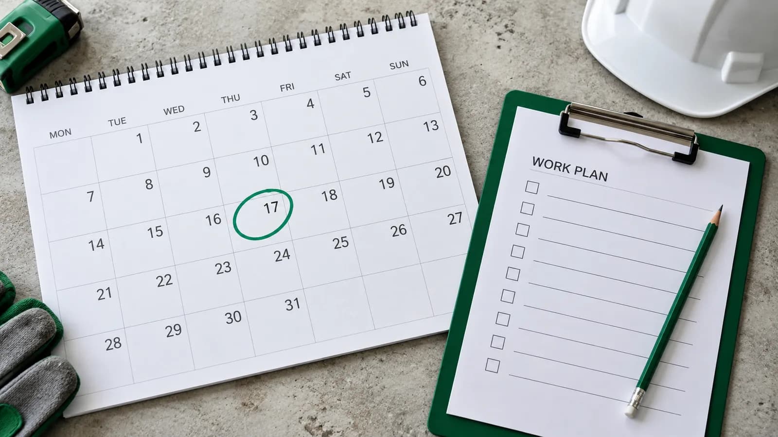 Calendar with a circled review date beside a work plan on a clipboard