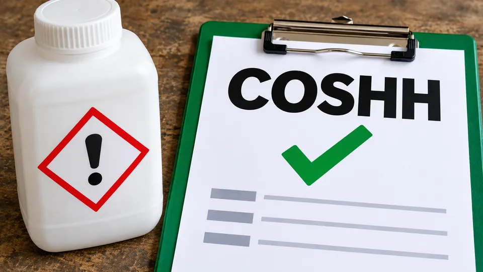 Chemical hazard bottle beside a COSHH assessment