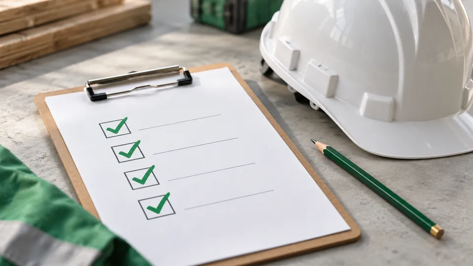 Document checklist beside a hard hat and pencil