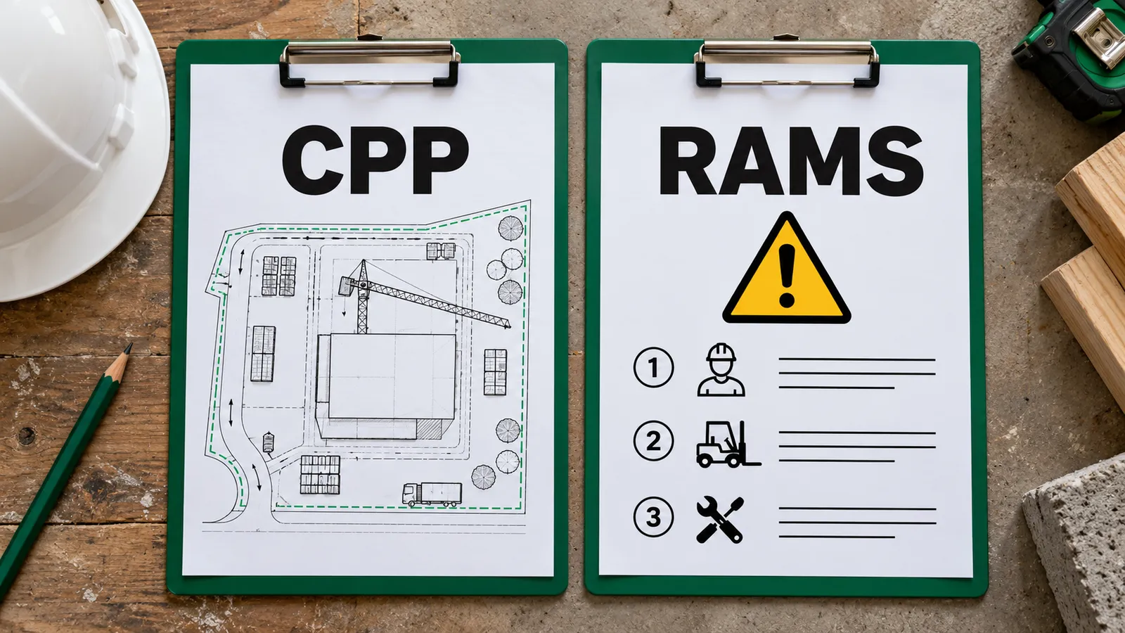 CPP site-plan document and RAMS work-step document on two clipboards