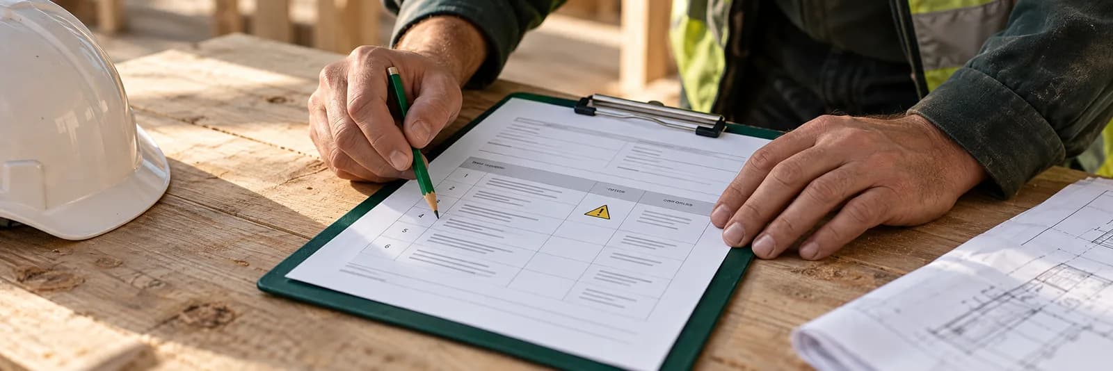 Contractor reviewing a work plan on a clipboard