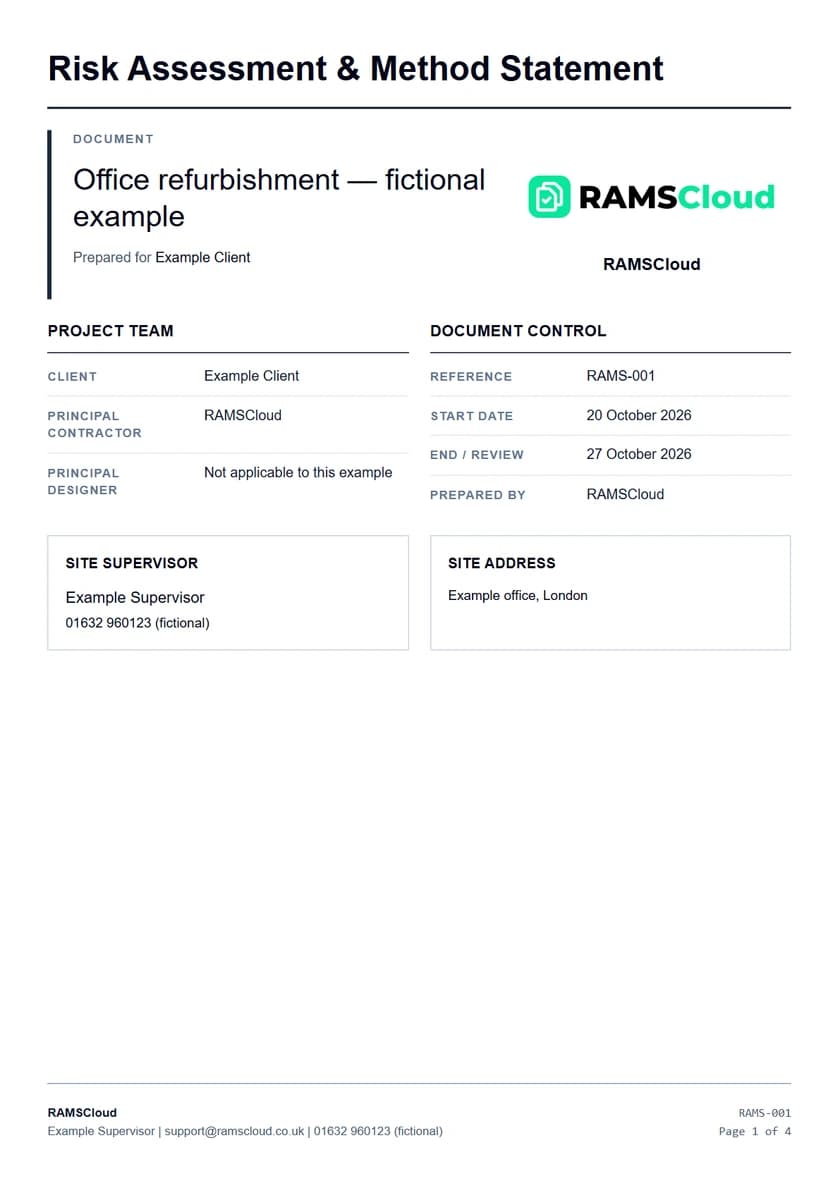 Example RAMS cover showing project and contractor details